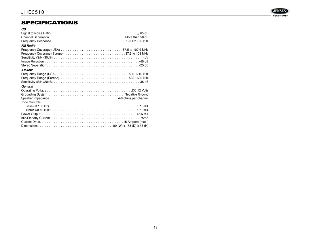 Jensen Tools JHD3510 operation manual Specifications, FM Radio, General 