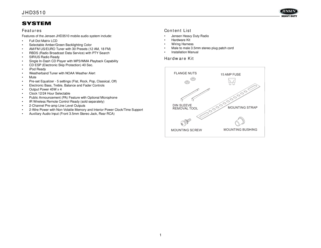 Jensen Tools JHD3510 operation manual System, Features, Content List, Hardware Kit 