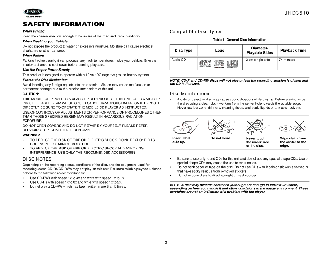 Jensen Tools JHD3510 operation manual Safety Information, Compatible Disc Types, Disc Maintenance 