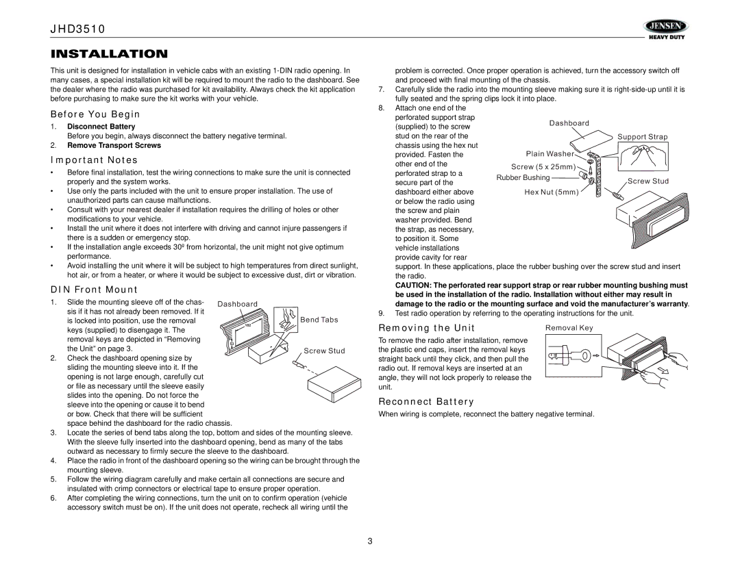 Jensen Tools JHD3510 operation manual Installation, Before You Begin, Important Notes, DIN Front Mount, Reconnect Battery 