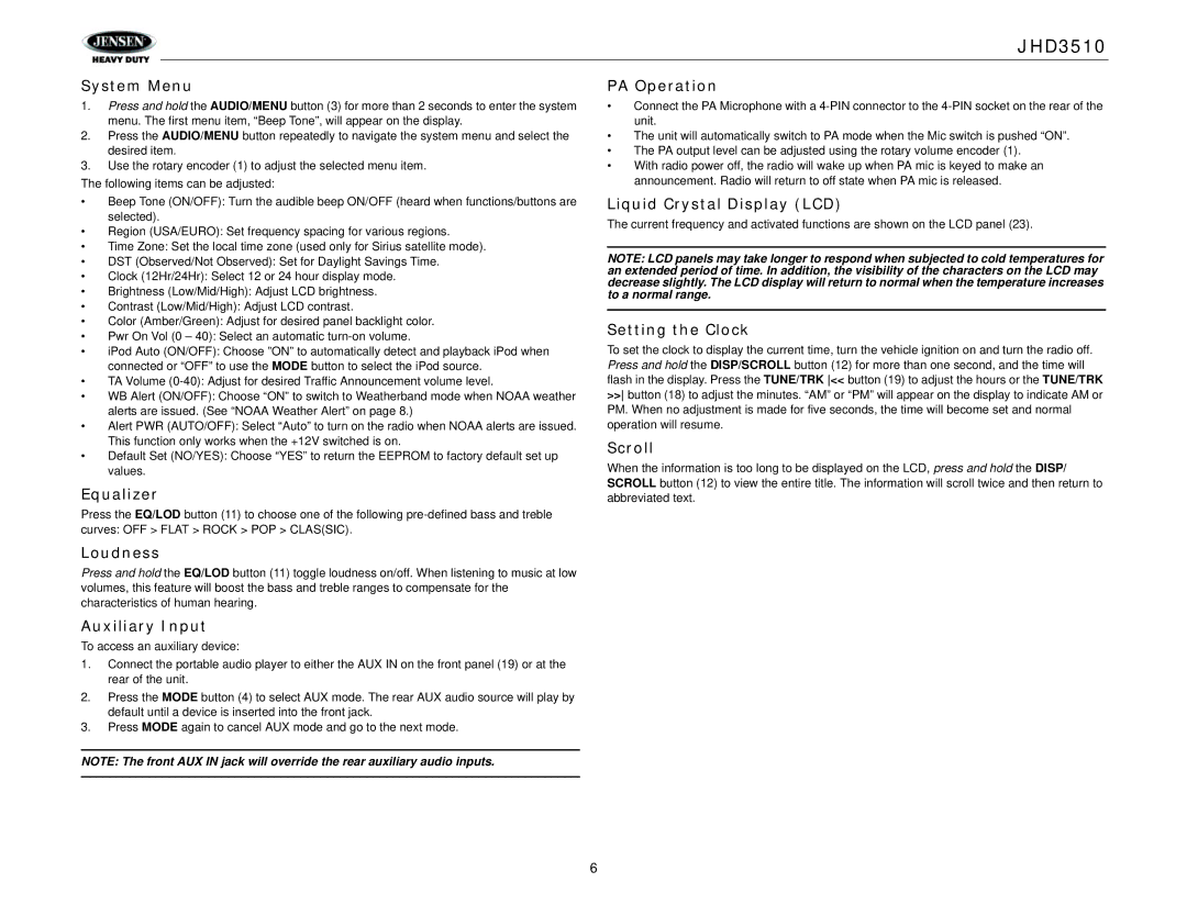 Jensen Tools JHD3510 System Menu, Equalizer, PA Operation, Liquid Crystal Display LCD, Setting the Clock, Scroll, Loudness 
