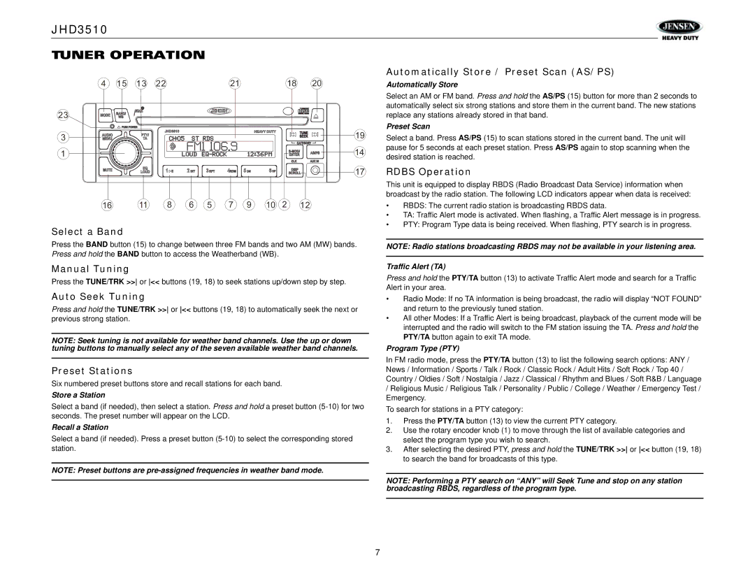 Jensen Tools JHD3510 operation manual Tuner Operation 