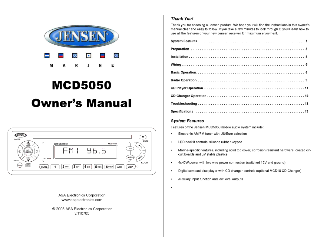 Jensen Tools MCD5050 owner manual Thank You, System Features, ASA Electronics Corporation 110705 