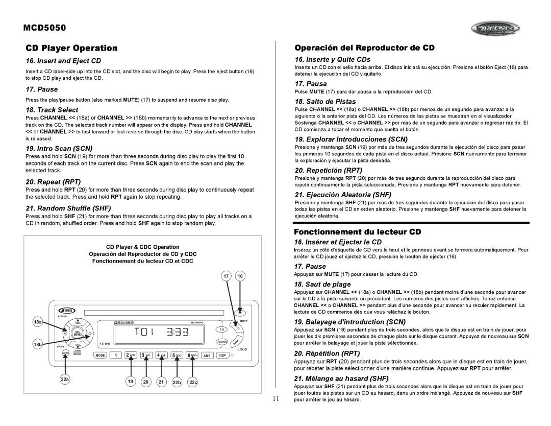 Jensen Tools owner manual MCD5050 CD Player Operation 