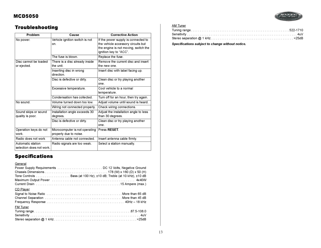 Jensen Tools owner manual MCD5050 Troubleshooting, Specifications 