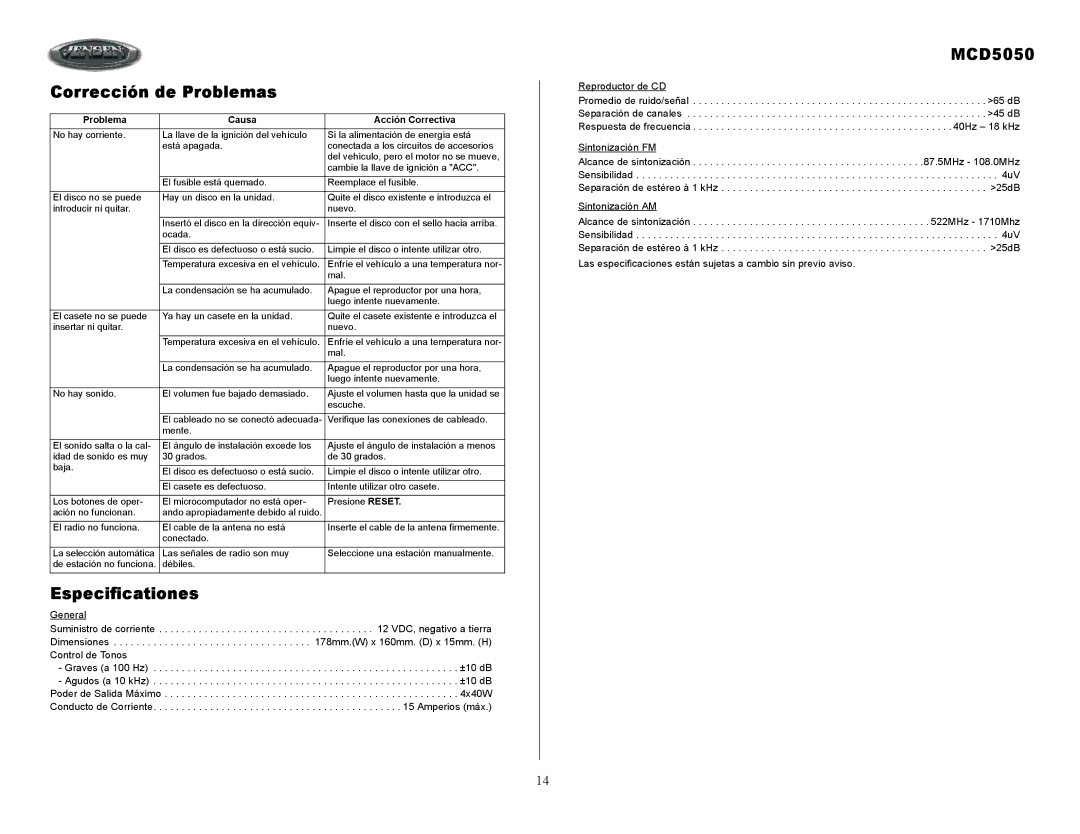 Jensen Tools MCD5050 owner manual Corrección de Problemas, Especificationes 