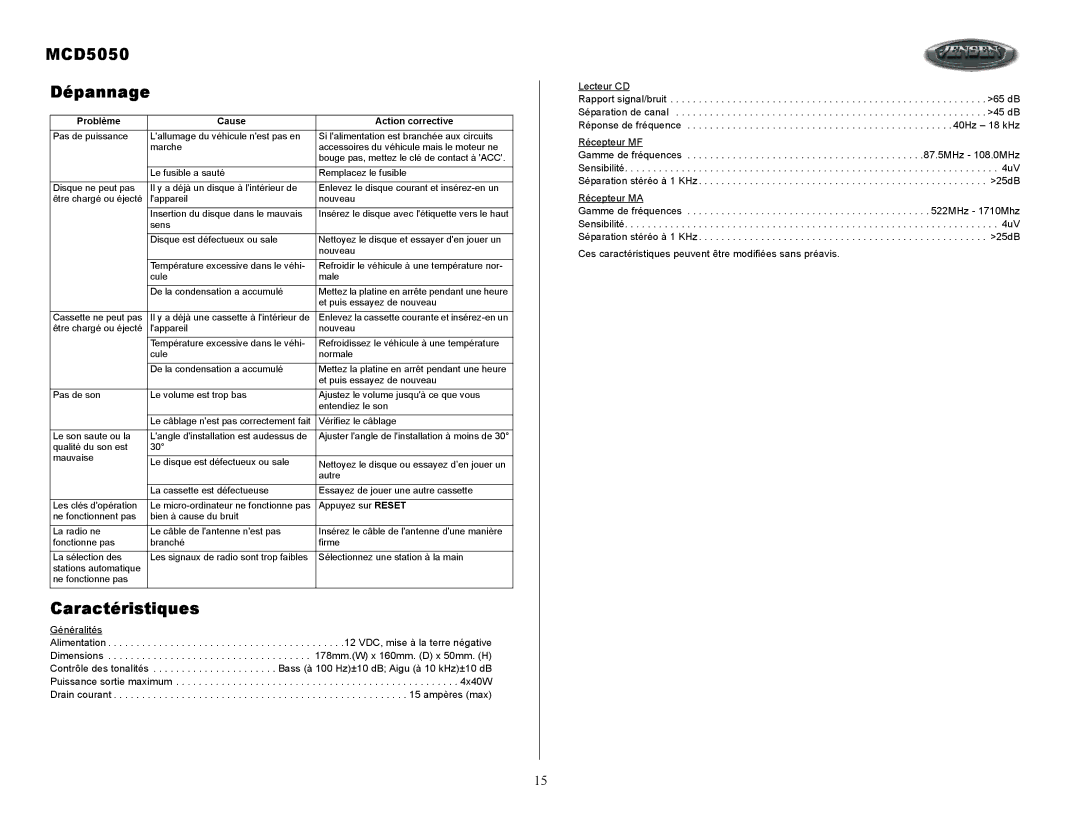 Jensen Tools owner manual MCD5050 Dépannage, Caractéristiques 