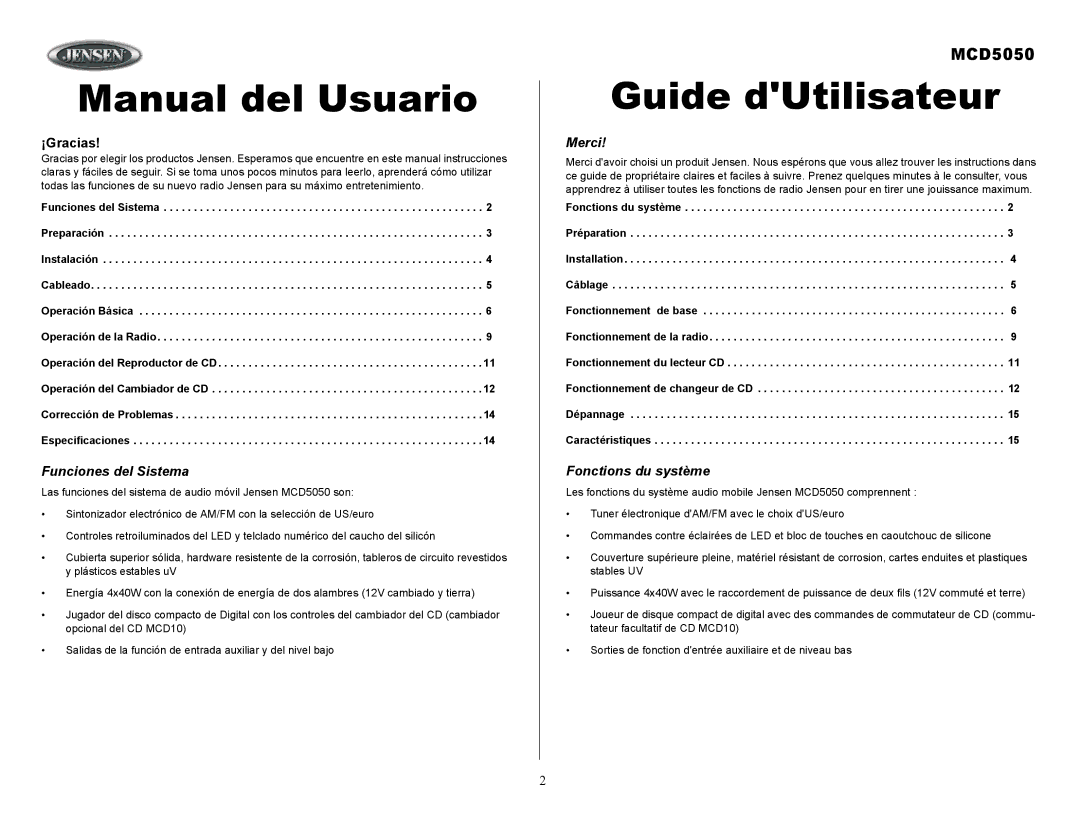 Jensen Tools MCD5050 owner manual Funciones del Sistema, Merci, Fonctions du système 