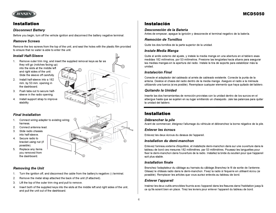 Jensen Tools owner manual Installation, MCD5050 Instalación 