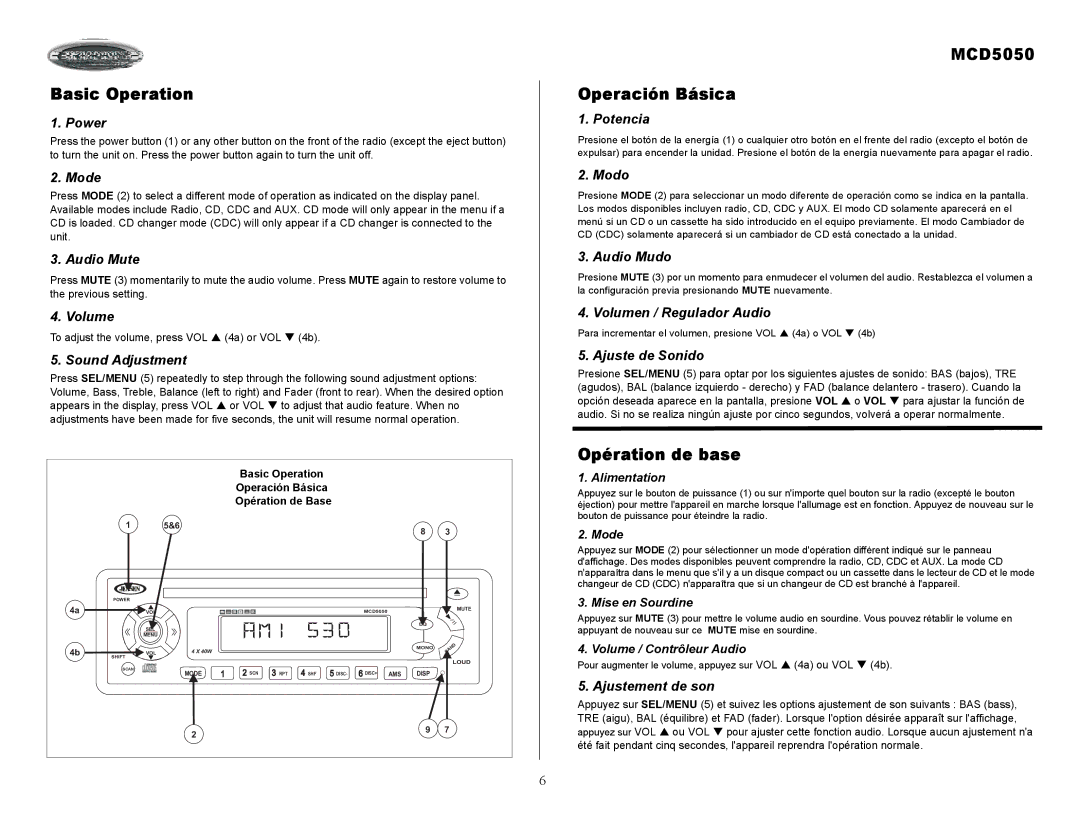 Jensen Tools owner manual Basic Operation, MCD5050 Operación Básica, Opération de base 