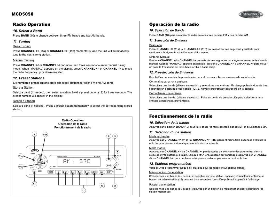 Jensen Tools owner manual MCD5050 Radio Operation, Operación de la radio, Fonctionnement de la radio 