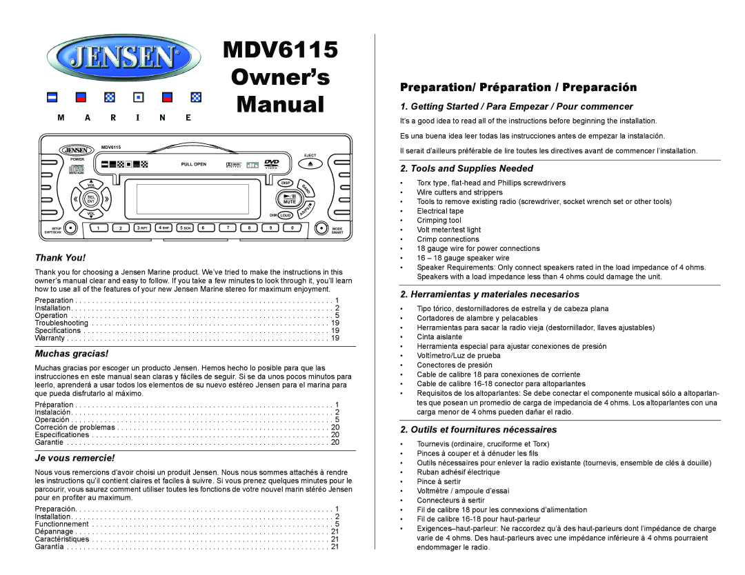 Jensen Tools MDV6115 owner manual Preparation/ Préparation / Preparación 