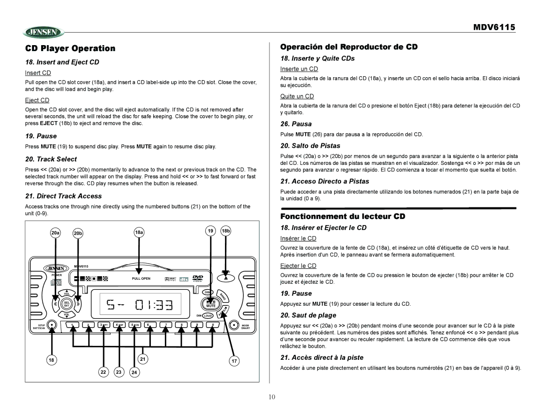 Jensen Tools owner manual MDV6115 CD Player Operation 