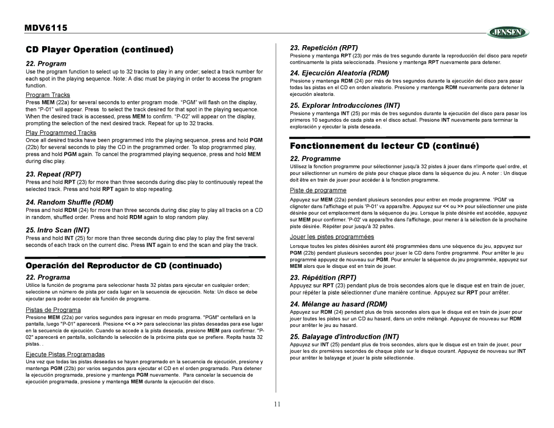 Jensen Tools MDV6115 owner manual Fonctionnement du lecteur CD continué 