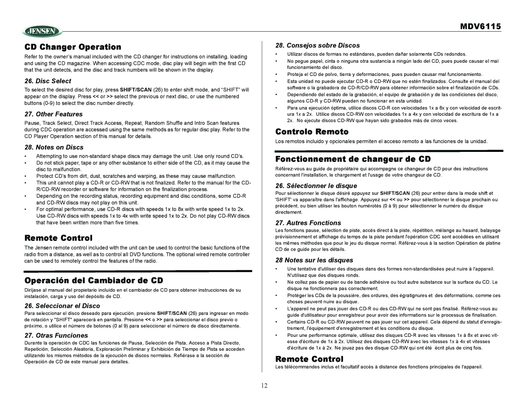 Jensen Tools MDV6115 owner manual CD Changer Operation, Controlo Remoto, Fonctionnement de changeur de CD, Remote Control 