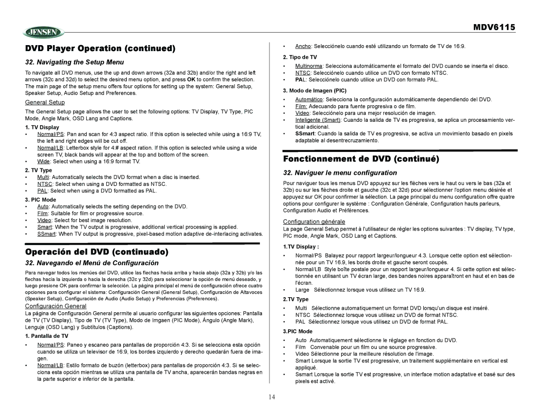 Jensen Tools MDV6115 owner manual Fonctionnement de DVD continué, Operación del DVD continuado, Navigating the Setup Menu 