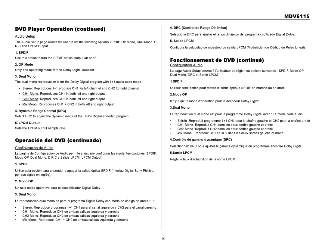 Jensen Tools MDV6115 owner manual Audio Setup, Configuration Audio, Configuración de Audio 