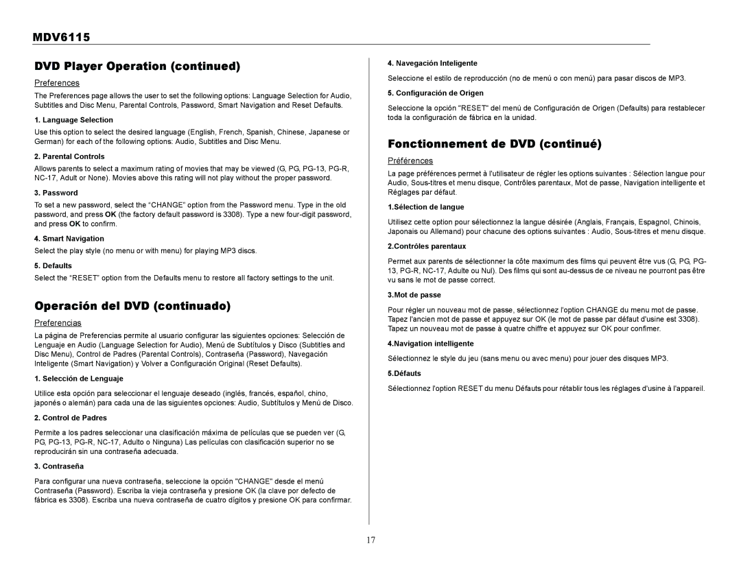 Jensen Tools MDV6115 owner manual Preferences, Préférences, Preferencias 