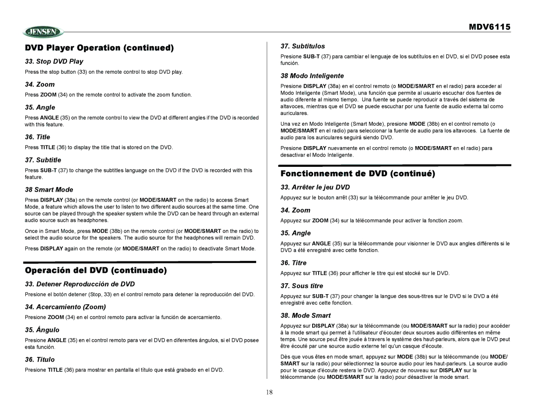 Jensen Tools MDV6115 Subtítulos, Stop DVD Play, Modo Inteligente, Angle, Title, Subtitle, Titre, Acercamiento Zoom 