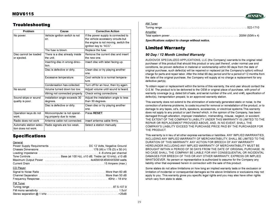 Jensen Tools owner manual MDV6115 Troubleshooting, Specifications, Day / 12 Month Limited Warranty 