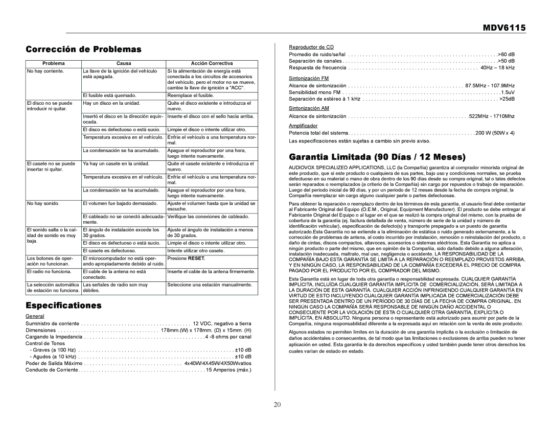 Jensen Tools MDV6115 owner manual Corrección de Problemas, Garantia Limitada 90 Días / 12 Meses, Especificationes 