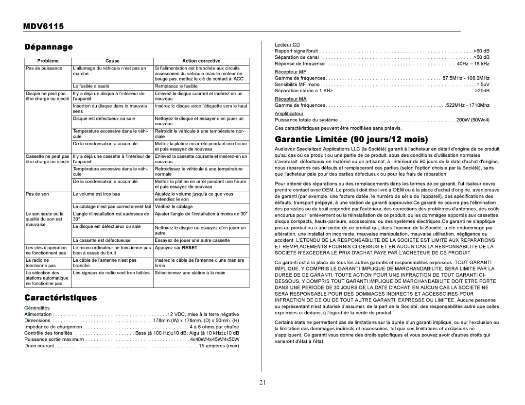 Jensen Tools owner manual MDV6115 Dépannage, Garantie Limitée 90 jours/12 mois, Caractéristiques 