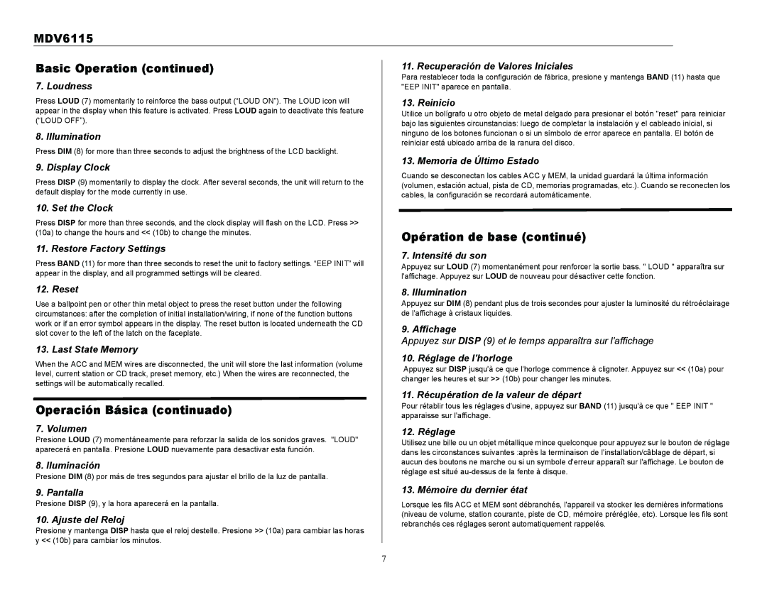 Jensen Tools MDV6115 Recuperación de Valores Iniciales, Loudness, Reinicio, Illumination, Memoria de Último Estado 