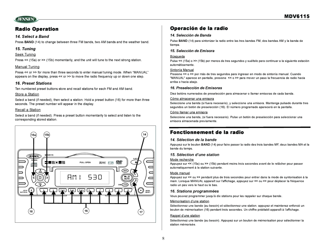 Jensen Tools MDV6115 owner manual Radio Operation Operación de la radio, Fonctionnement de la radio 