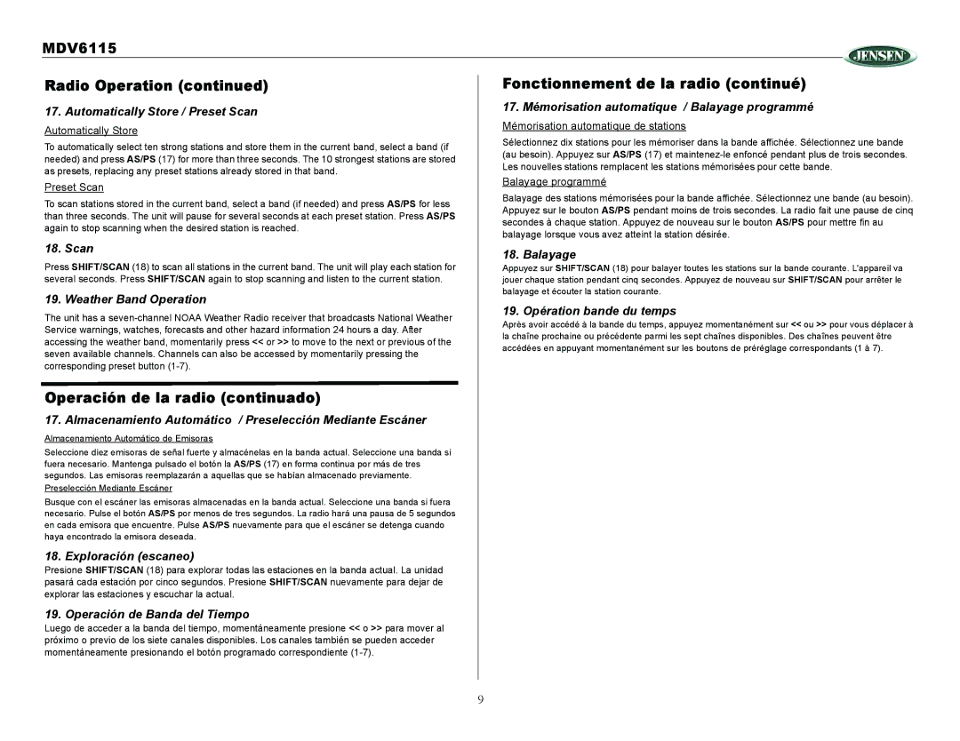 Jensen Tools owner manual MDV6115 Radio Operation Fonctionnement de la radio continué, Operación de la radio continuado 