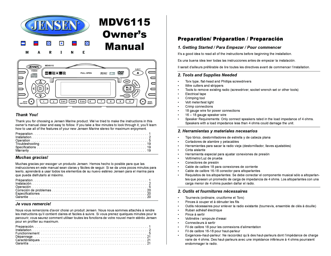 Jensen Tools MDV6115 owner manual Preparation/ Préparation / Preparación 
