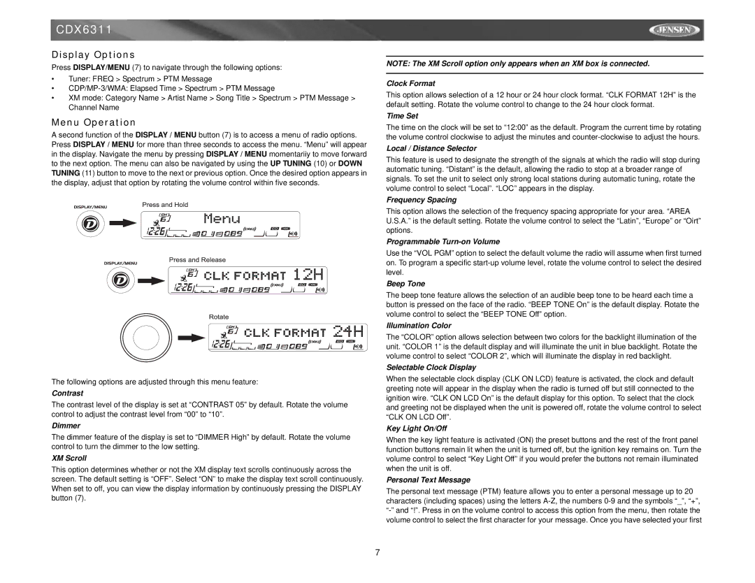 Jensen Tools Mobile Receiver instruction manual Display Options, Menu Operation 