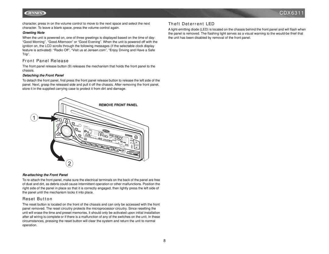 Jensen Tools Mobile Receiver instruction manual Front Panel Release, Reset Button, Theft Deterrent LED 