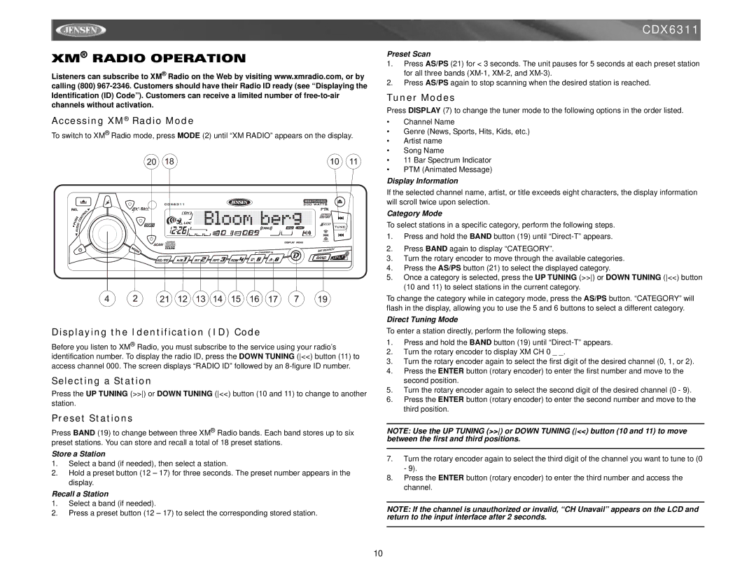 Jensen Tools Mobile Receiver XM Radio Operation, Accessing XM Radio Mode, Displaying the Identification ID Code 