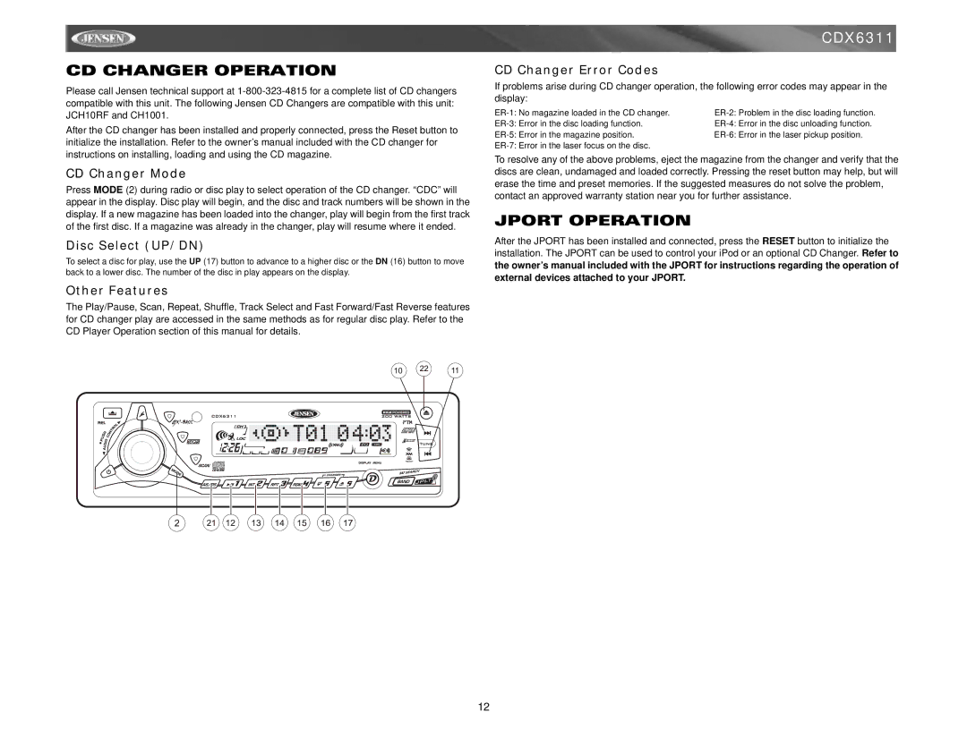 Jensen Tools Mobile Receiver instruction manual CD Changer Operation, Jport Operation 