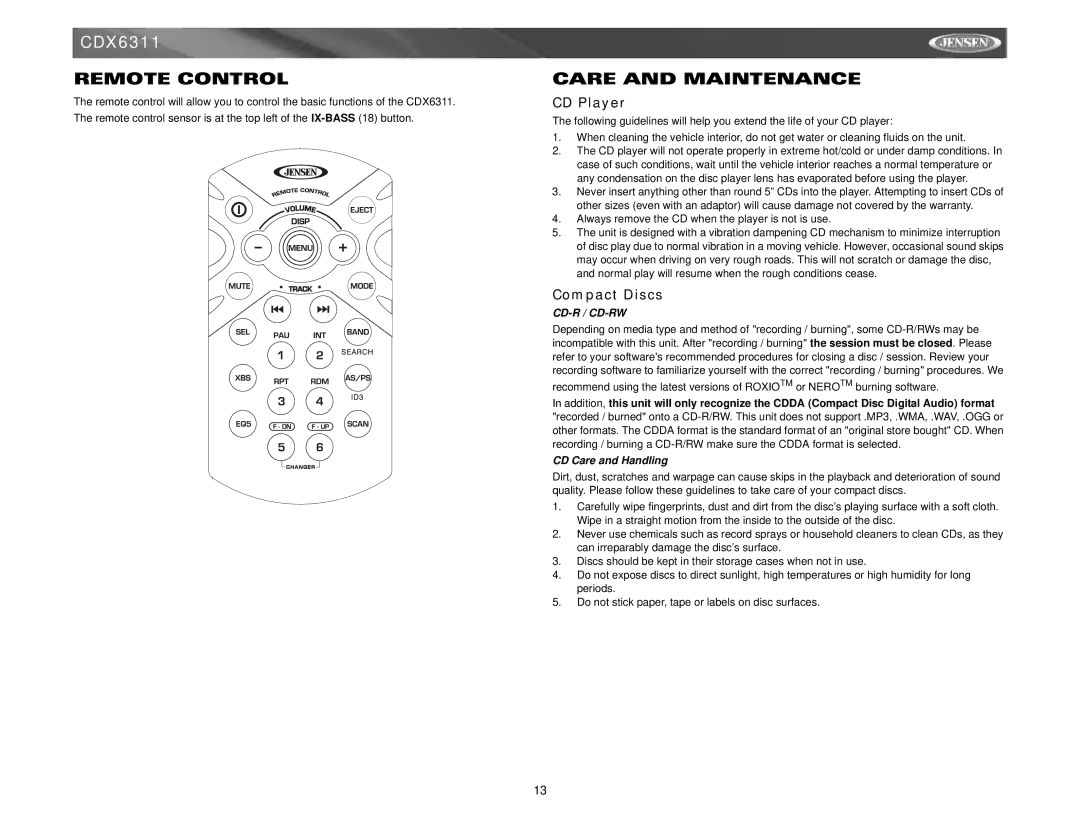 Jensen Tools Mobile Receiver Remote Control, Care and Maintenance, CD Player, Compact Discs, CD Care and Handling 