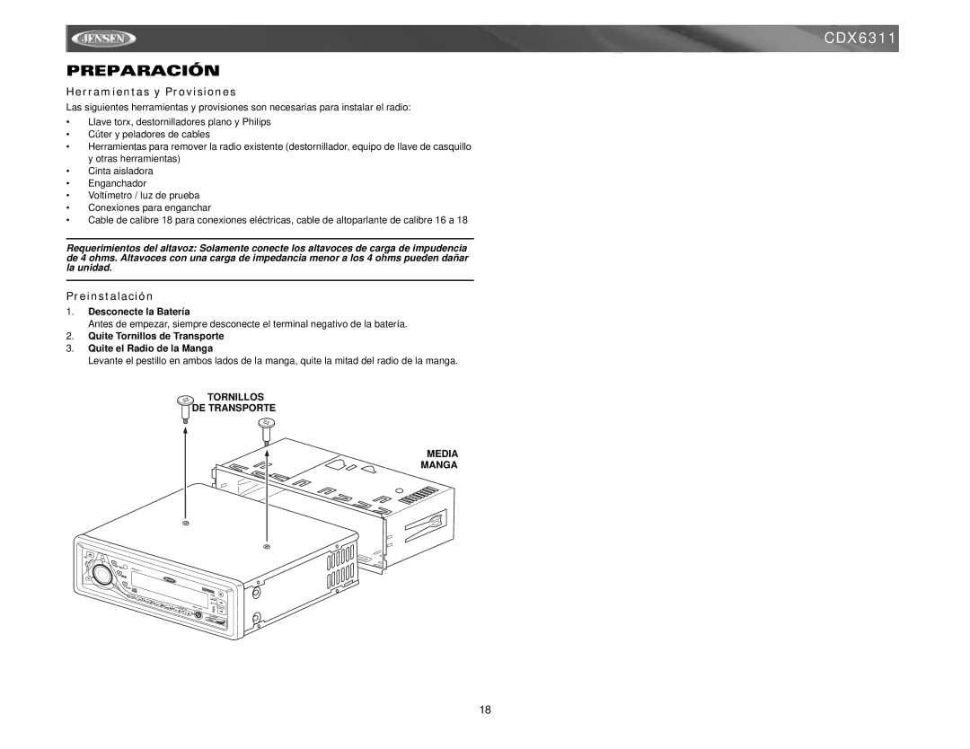 Jensen Tools Mobile Receiver instruction manual Preparación, Herramientas y Provisiones, Preinstalación 