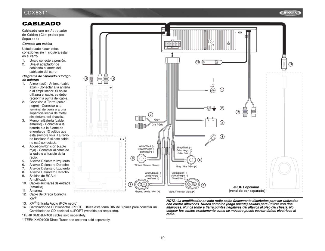 Jensen Tools Mobile Receiver instruction manual Cableado, Conecte los cables, Diagrama de cableado / Código de colores 