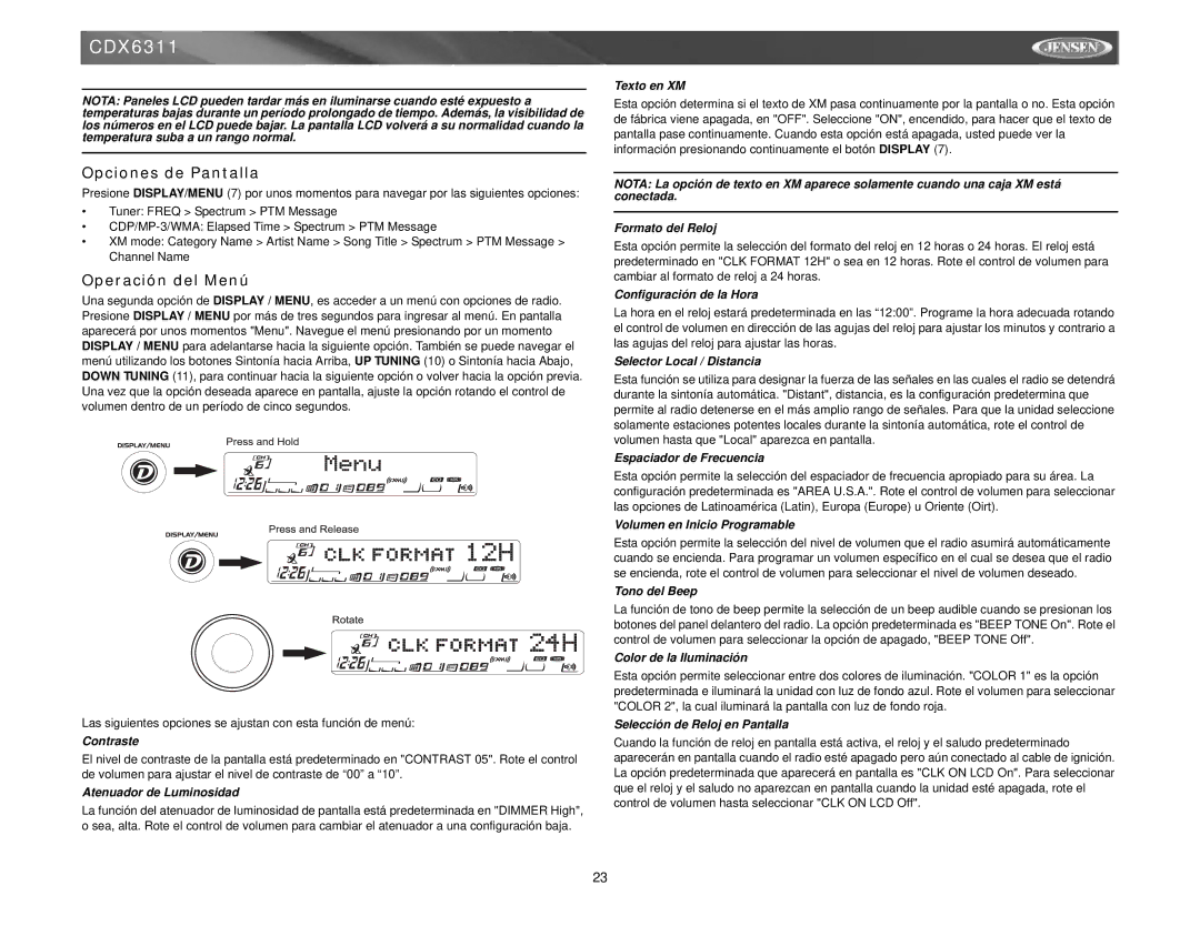 Jensen Tools Mobile Receiver instruction manual Opciones de Pantalla, Operación del Menú 