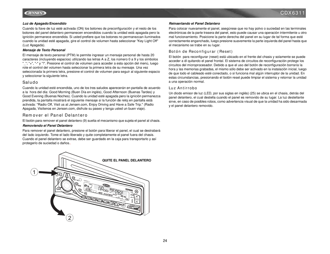 Jensen Tools Mobile Receiver Saludo, Remover el Panel Delantero, Botón de Reconfigurar Reset, Luz Antirrobo 