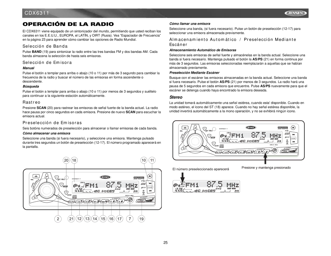 Jensen Tools Mobile Receiver instruction manual Operación DE LA Radio 