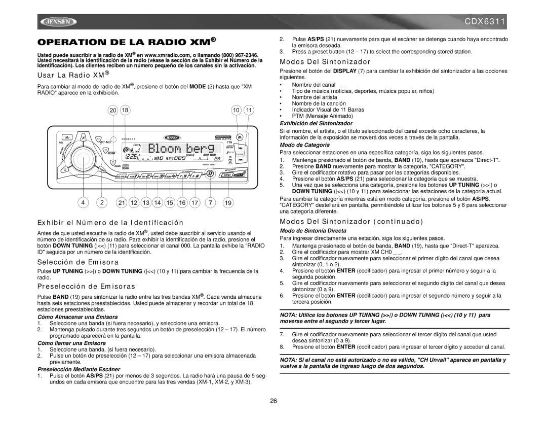 Jensen Tools Mobile Receiver Operation DE LA Radio XM, Usar La Radio XM, Exhibir el Número de la Identificación 