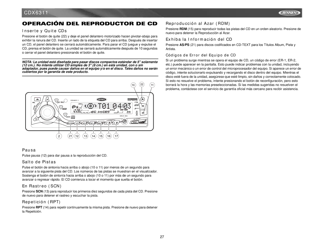 Jensen Tools Mobile Receiver instruction manual Operación DEL Reproductor DE CD 