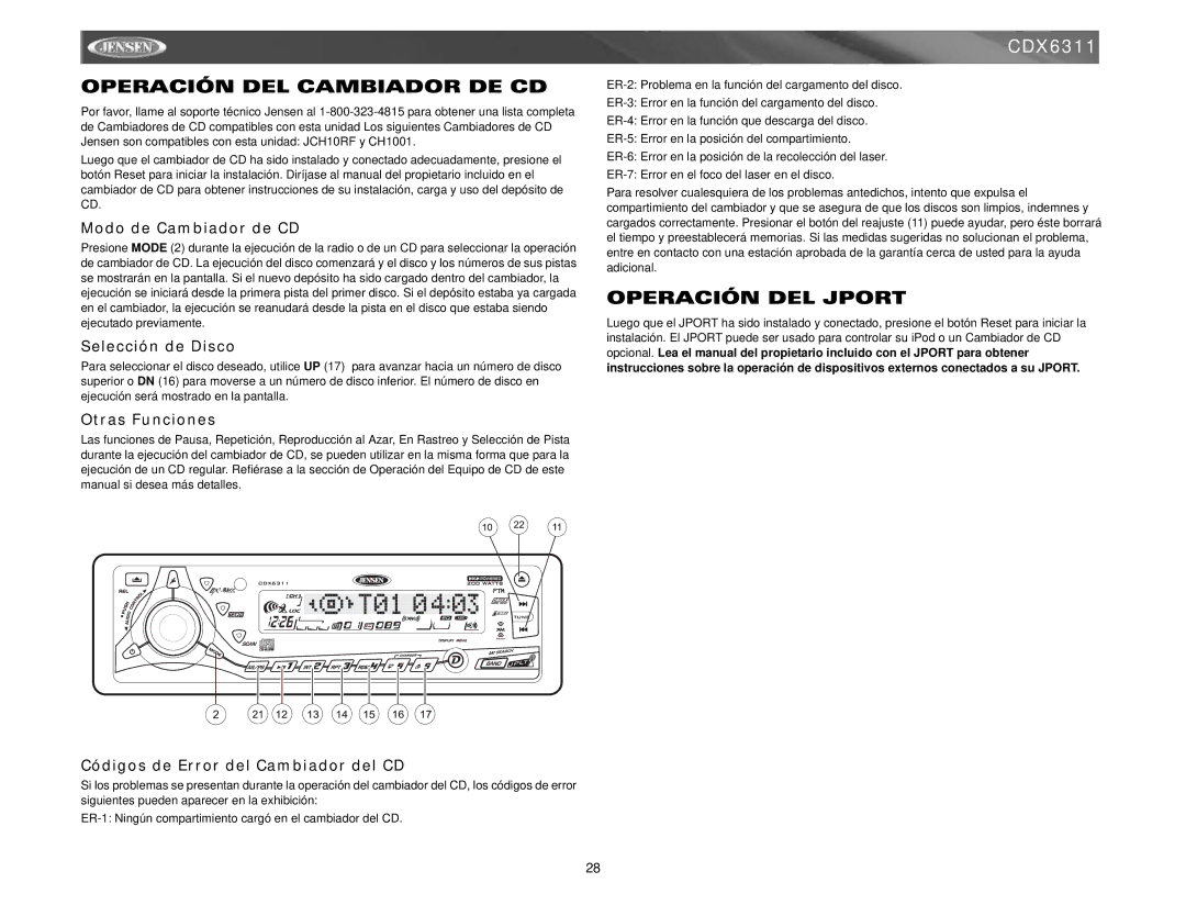 Jensen Tools Mobile Receiver instruction manual Operación DEL Cambiador DE CD, Operación DEL Jport 