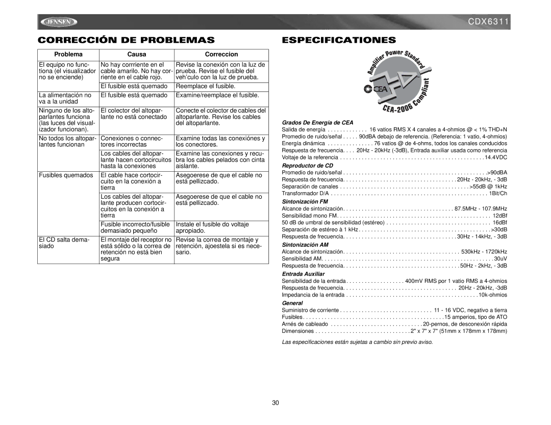 Jensen Tools Mobile Receiver instruction manual Corrección DE Problemas, Especificationes 