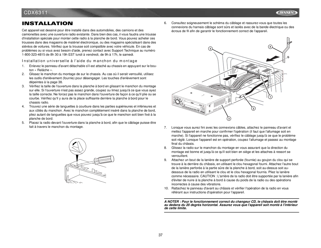 Jensen Tools Mobile Receiver instruction manual Installation universelle à laide du manchon du montage 