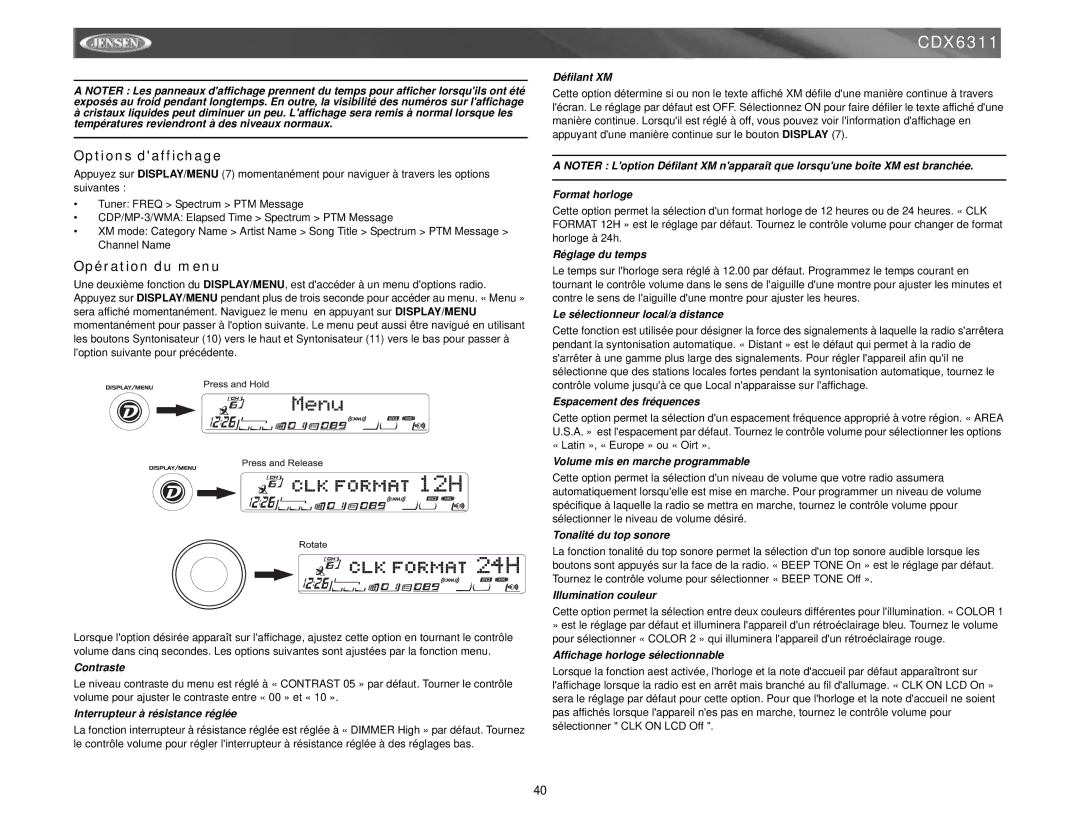 Jensen Tools Mobile Receiver instruction manual Options daffichage, Opération du menu 