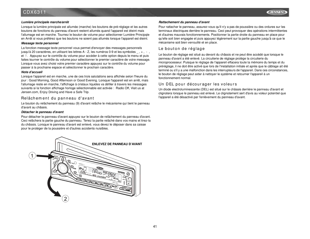 Jensen Tools Mobile Receiver Relâchement du panneau davant, Le bouton de réglage, Un DEL pour décourager les voleurs 