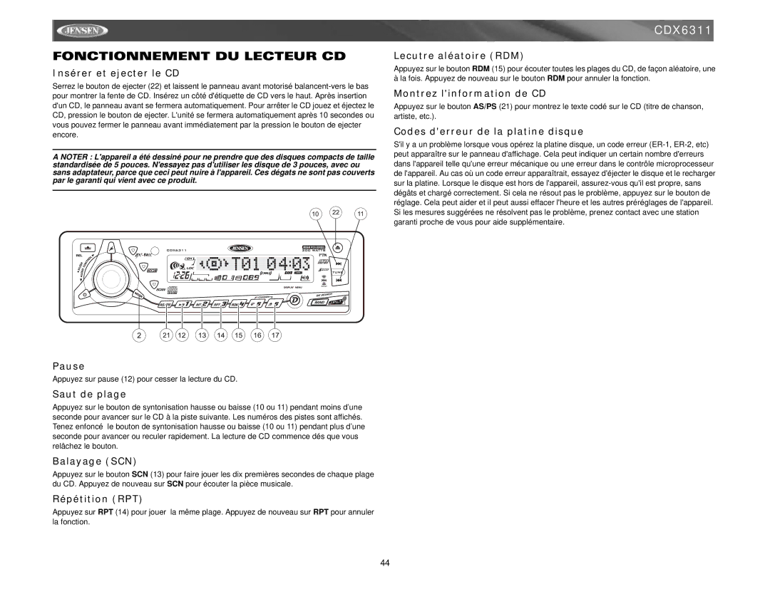 Jensen Tools Mobile Receiver instruction manual Fonctionnement DU Lecteur CD 