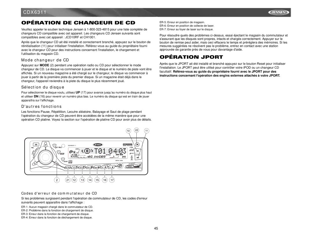 Jensen Tools Mobile Receiver Opération DE Changeur DE CD, Opération Jport, Mode changeur de CD, Sélection du disque 