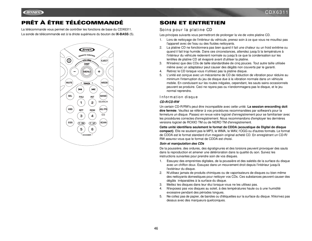 Jensen Tools Mobile Receiver Prêt À Être Télécommandé, Soin ET Entretien, Soins pour la platine CD, Information disque 